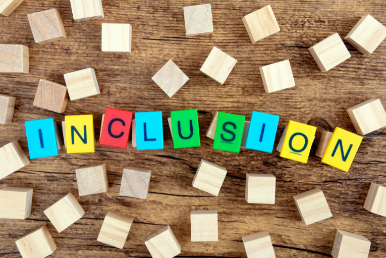 the word inclusion is surrounded by wooden blocks on a wooden table