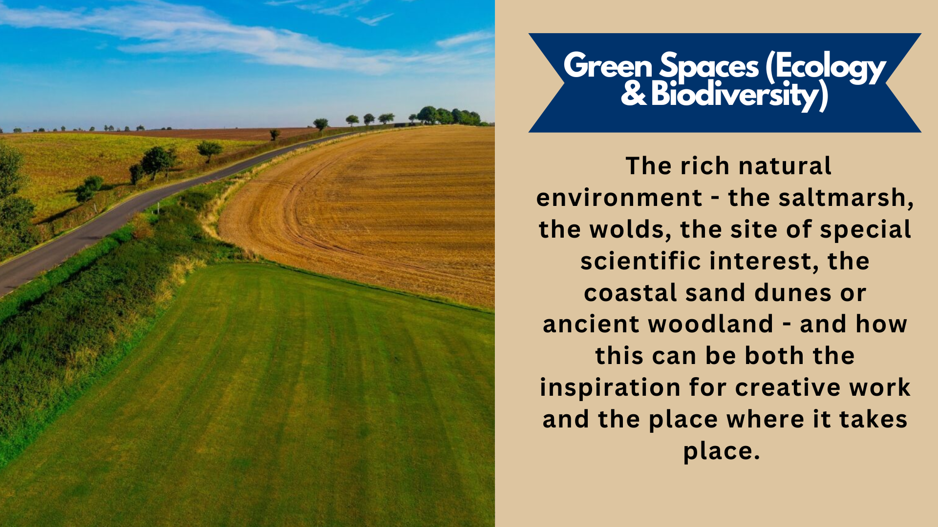 Green Spaces (Ecology & Biodiversity). The rich natural environment - the saltmarsh, the wolds, the site of special scientific interest, the coastal sand dunes or ancient woodland - and how this can be both the inspiration for creative work and the place where it takes place.