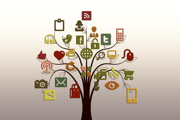 an illustration of a tree with social icons on it